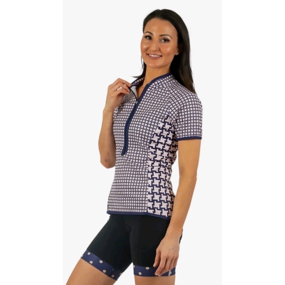 Shebeest Dog's Tooth Bellissima Jersey Blue Cycling Bike Active Womans Sz M‎ NWT